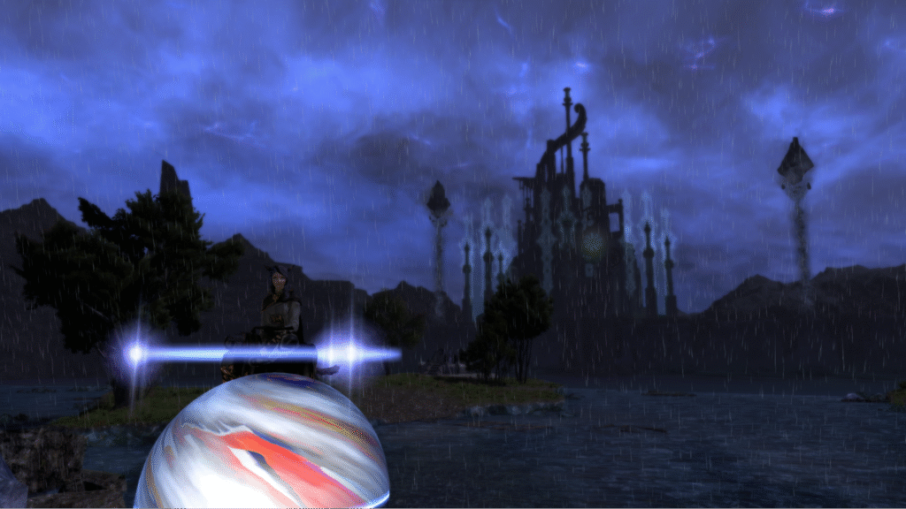 A slightly poorly lit screenshot of the author's character riding Demi-Ozma in Hydatos.